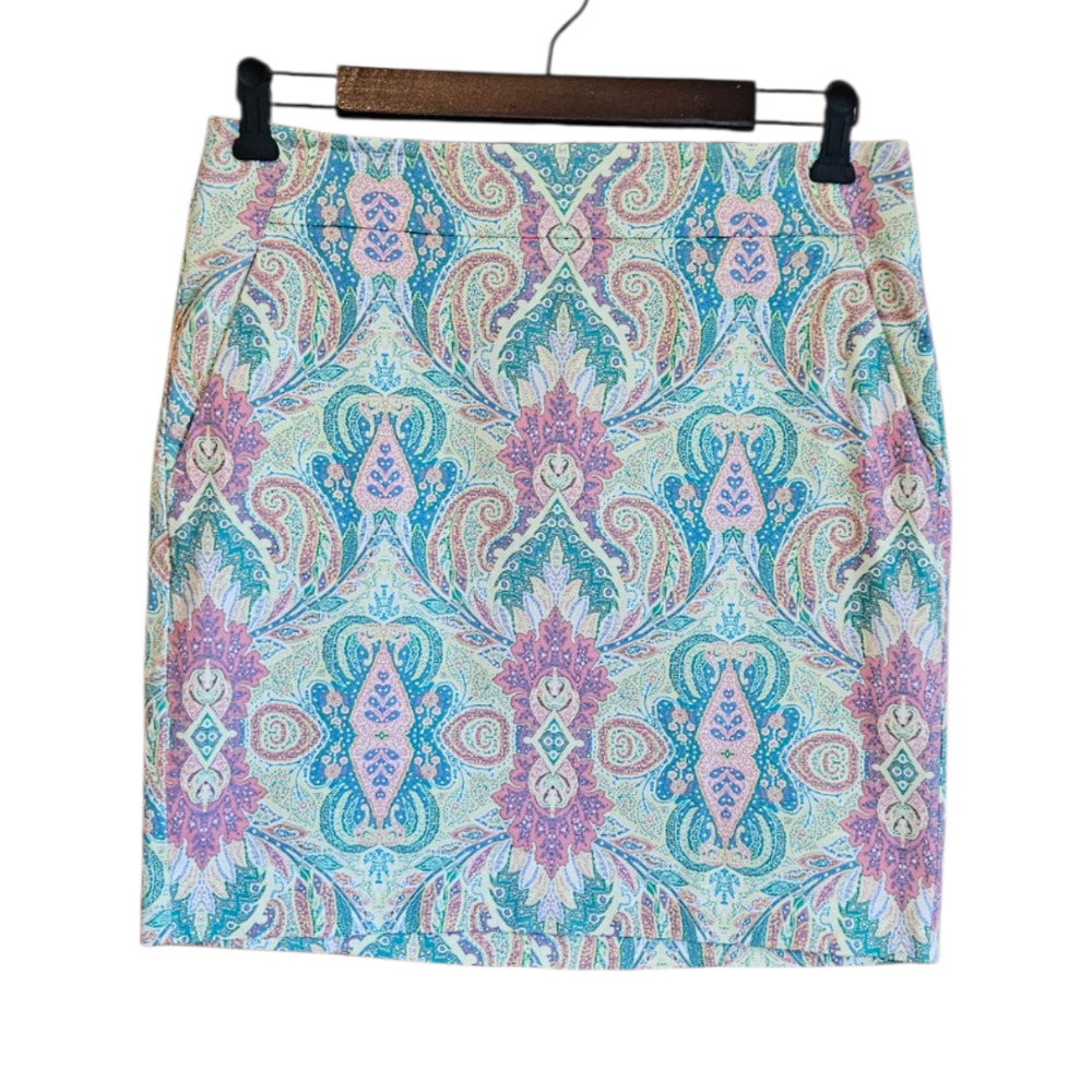 Ann Taylor Size 2 Green Pink Fantasy Paisley Cotton Stretch Madison Pencil Skirt